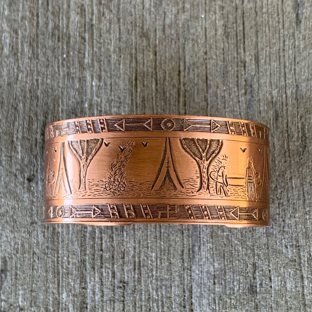 Solid Copper Cuff Bracelet Etched Native American Southwestern Landscape Earthy